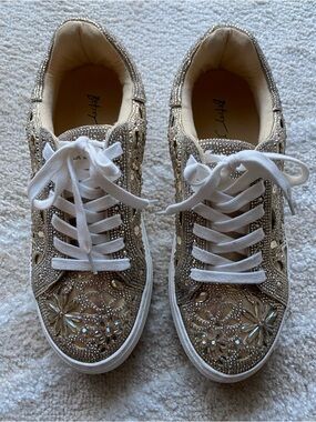 Betsey Johnson Gold Embellished Crystal Lace-Up Sneakers